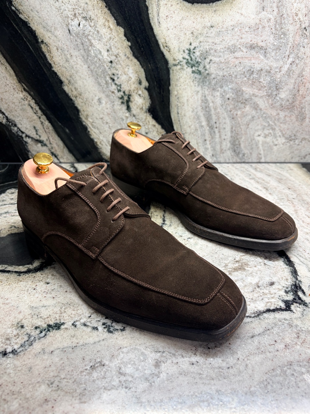 Barrett Brown Suede Apron Toe Derby Shoes Italy Mens 9.5 Handmade Luxury